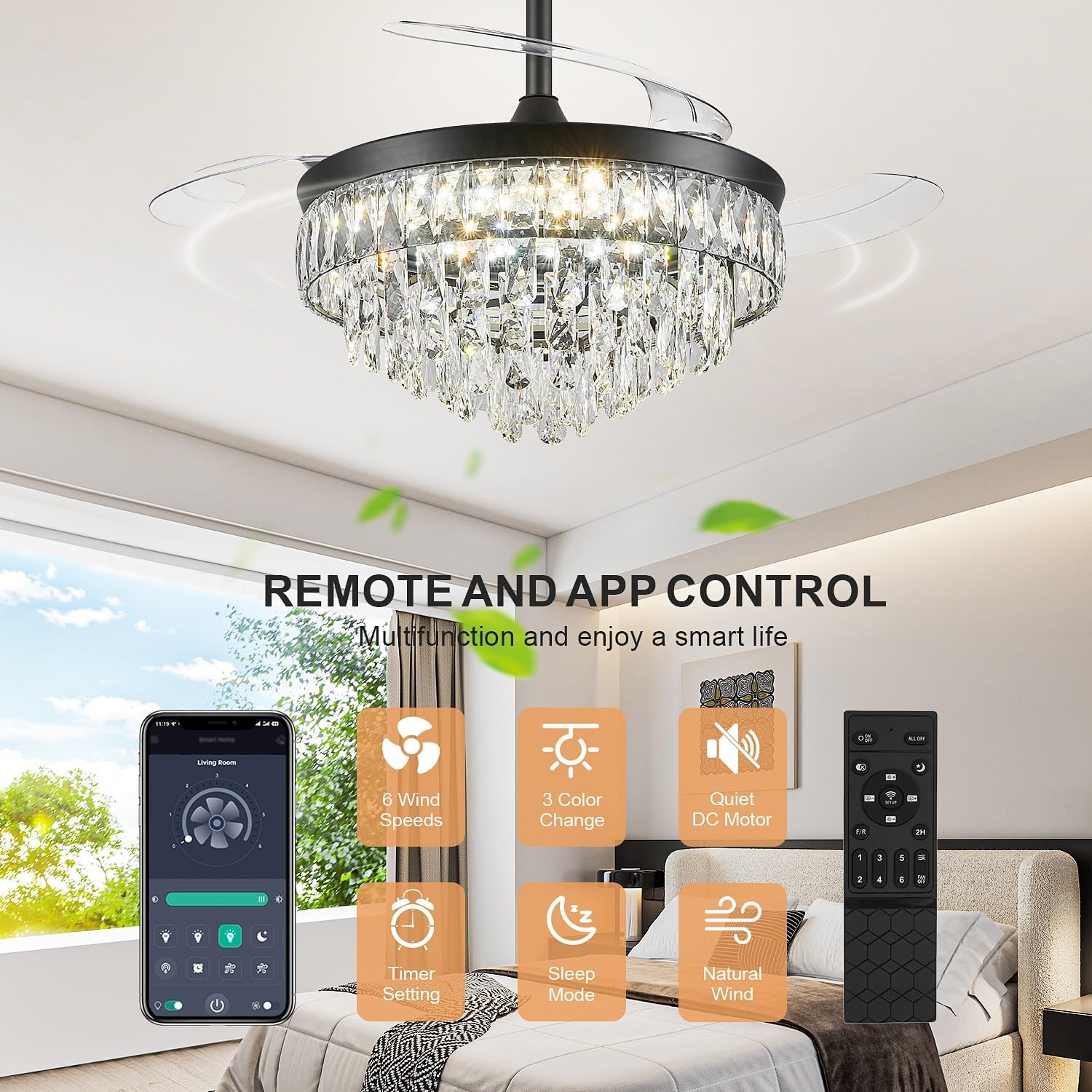42'' Chandelier Ceiling Fan with Lights, Retractable Fan with Remote and APP, Crystal Fandelier Ceiling Fan, Dimmable LED, Reversible Motor, Quiet for Bedroom Living Room-Black