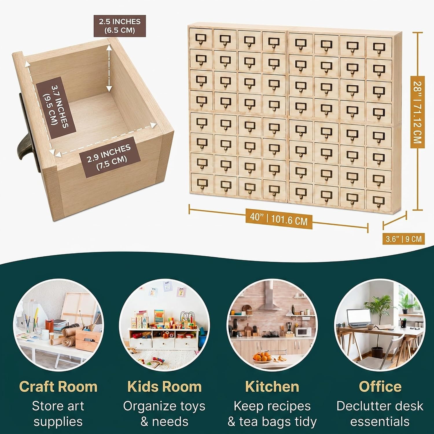 Creative Storage Wall 64-Drawer Modular Apothecary Cabinet, Stackable Light Wood Library Card Catalog Organizer with Label Holders, for Stickers, Beads, Pins, Stamps & Scrapbooking