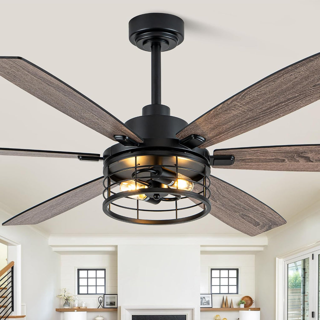 60 Inch Farmhouse Ceiling Fans with Lights Black Caged Rustic Industrial Chandelier Fans for Living Room Bedroom Quiet Reversible DC Motor 6 Speeds 6 Modern-Farmhouse Styles Dual-Finish Blade
