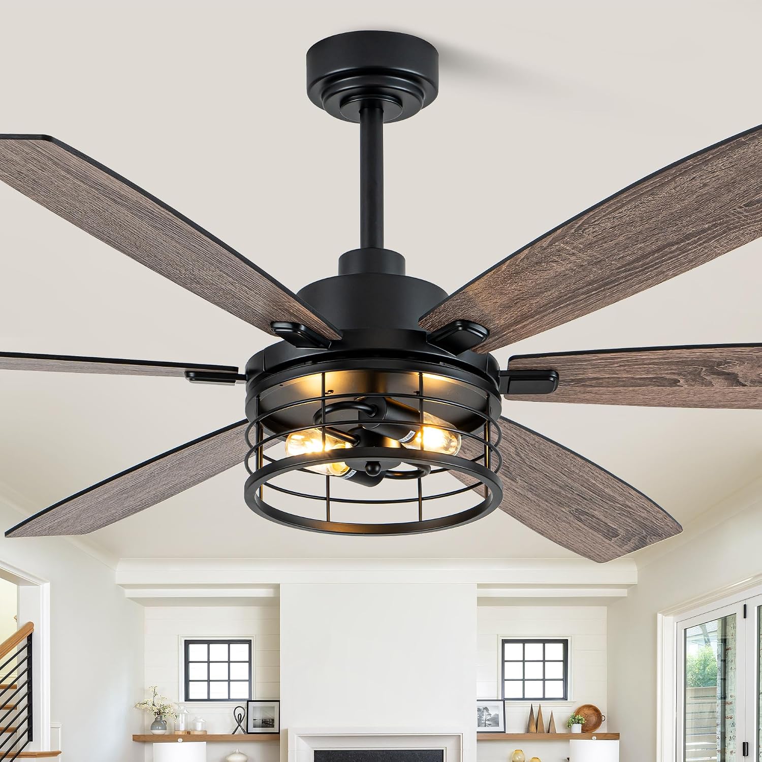 60 Inch Farmhouse Ceiling Fans with Lights Black Caged Rustic Industrial Chandelier Fans for Living Room Bedroom Quiet Reversible DC Motor 6 Speeds 6 Modern-Farmhouse Styles Dual-Finish Blade