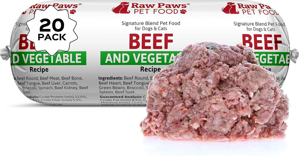 Raw Paws Signature Blend Pet Food for Dogs & Cats - Beef and Vegetables Recipe, 1-lb Rolls (20 Pack) - Fresh Pet Food Made in USA - Natural Dog Food Rolls - Raw Frozen Blend Dog & Cat Food