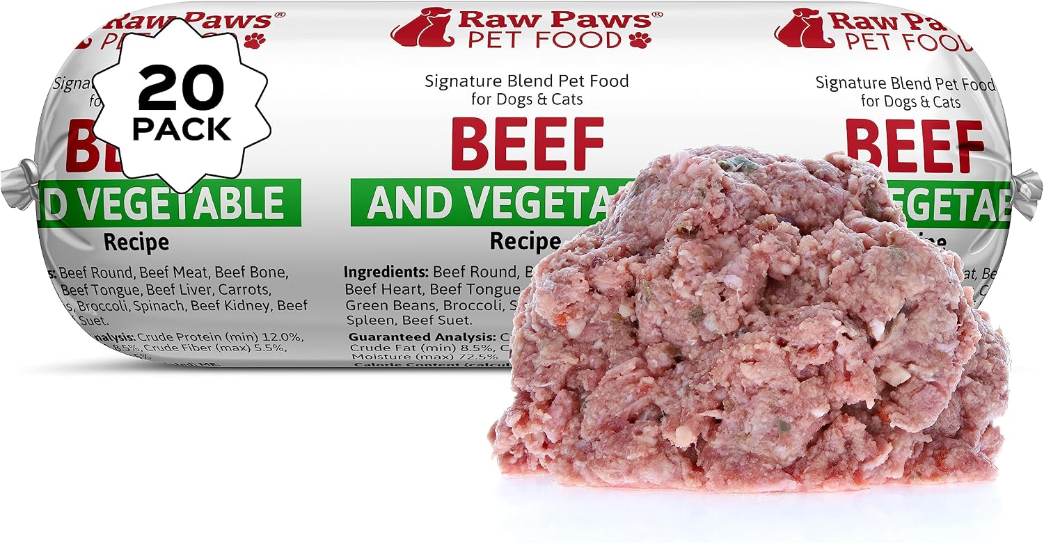 Raw Paws Signature Blend Pet Food for Dogs & Cats - Beef and Vegetables Recipe, 1-lb Rolls (20 Pack) - Fresh Pet Food Made in USA - Natural Dog Food Rolls - Raw Frozen Blend Dog & Cat Food