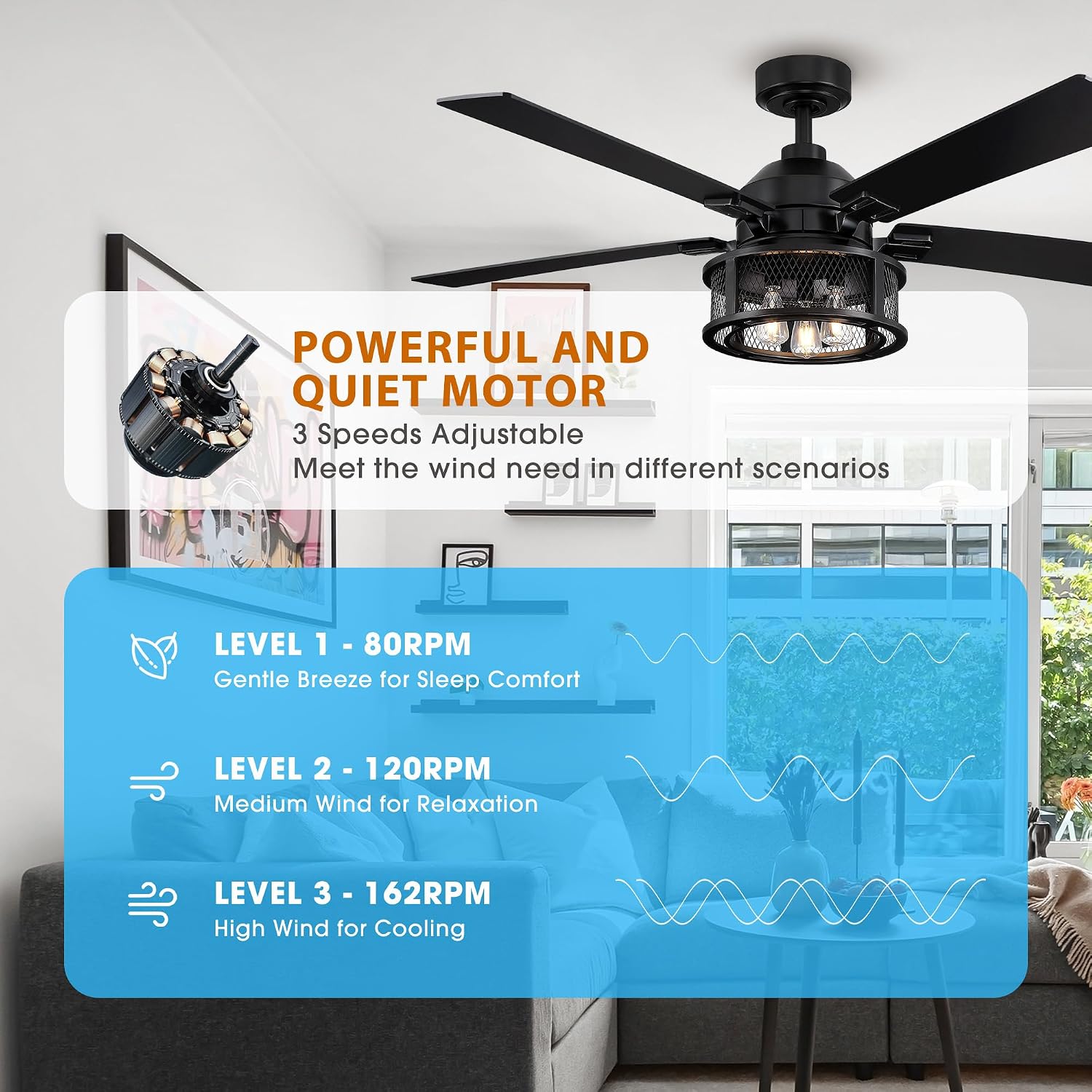 Ceiling Fans with Lights and Remote 52 Inch Farmhouse Rustic Ceiling Fan for Bedroom Living Room Black Chandelier Ceiling Fan with E12 Socket, 3 Speeds, Reversible 5 Blades, Timer, Ventilador de Techo