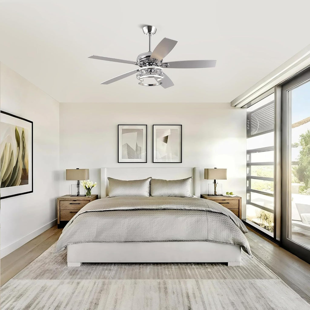 Ceiling Fans with Lights and Remote - Modern Silver Ceiling Fan with 3CCT, 6 Speeds, Quiet, Dual-Sided Reversible Blades Indoor Outdoor Chandelier Fan for Bedroom Living Room