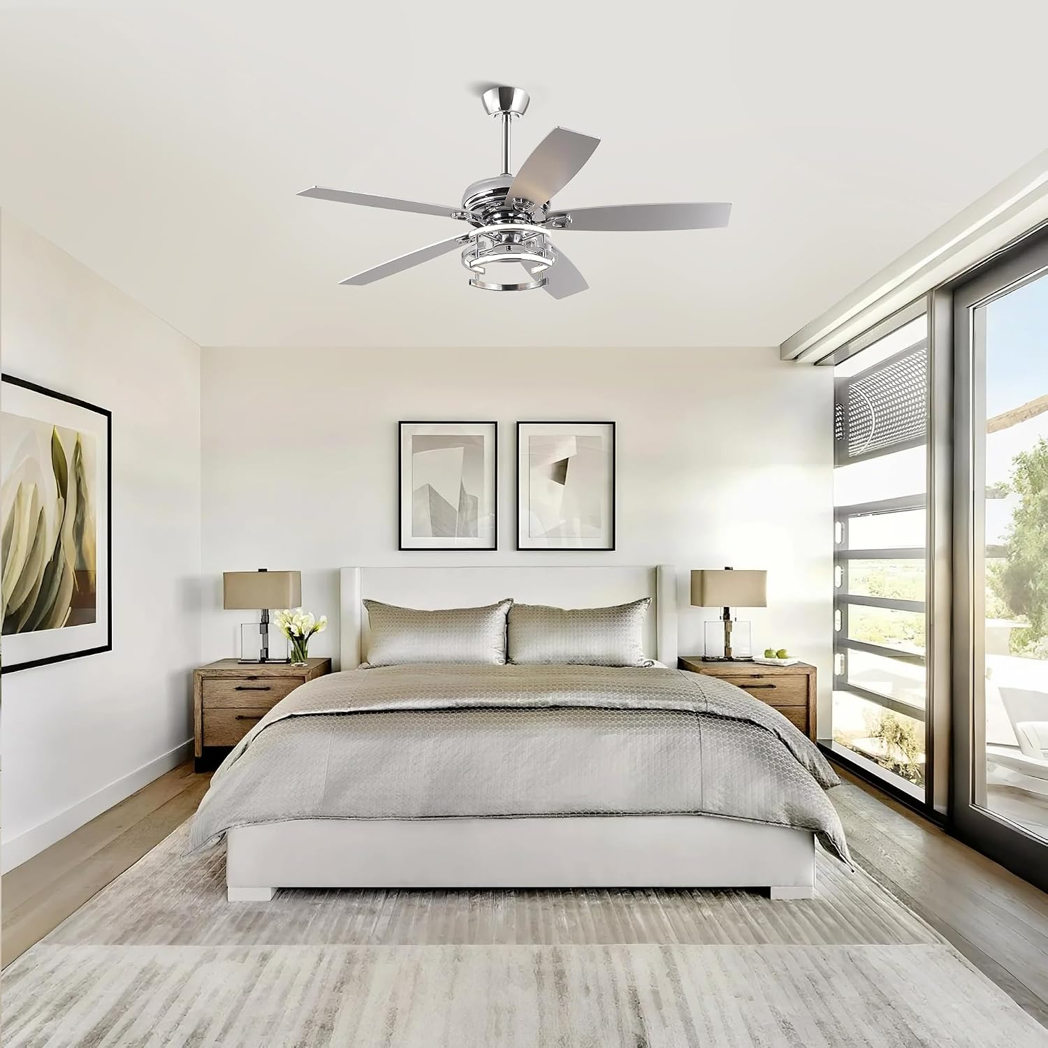 Ceiling Fans with Lights and Remote - Modern Silver Ceiling Fan with 3CCT, 6 Speeds, Quiet, Dual-Sided Reversible Blades Indoor Outdoor Chandelier Fan for Bedroom Living Room