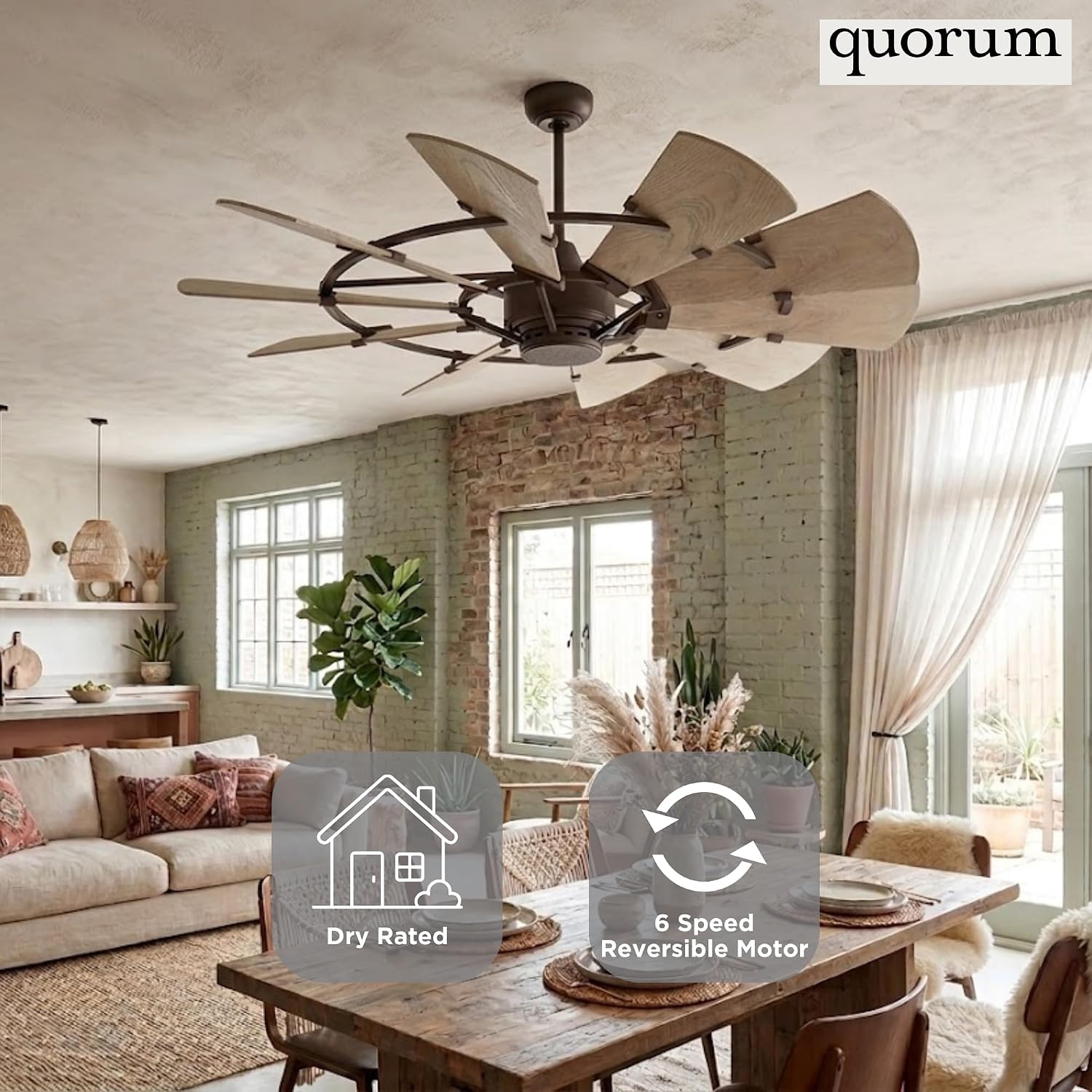 Quorum 94410-86 Windmill 44 Inch Ceiling Fan | 10 Blade Wagon Wheel Design | 6 Speed Reversible DC Motor | Remote Control Included | Dry Rated Ceiling Fan | Weathered Oak Blades | Oiled Bronze Finish