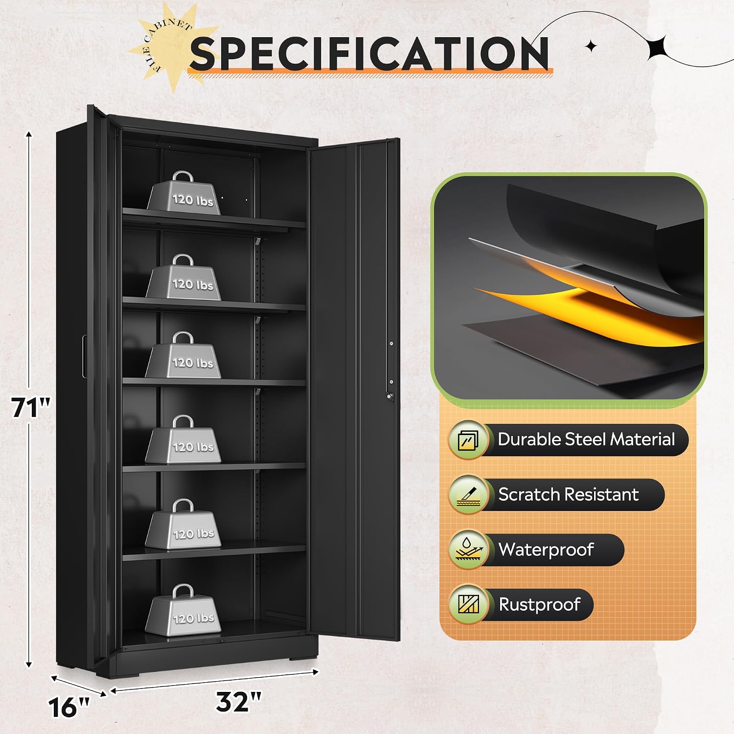 DEVAISE Metal Garage Storage Cabinet with 2 Doors and 5 Adjustable Shelves, 71'' Black Lockable Steel File Cabinet for Garage, Home, Office, Shool, Gym