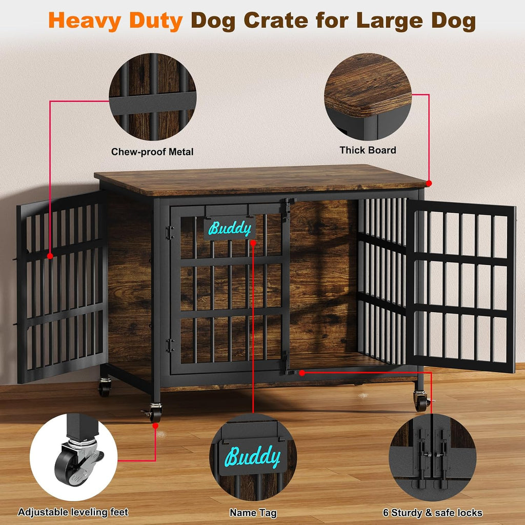 EasyCom 41'/33'/27' Dog Crate Furniture with Name Tag, Heavy Duty Dog Kennel Indoor for Medium Dogs, Double-Doors Sturdy Metal Dog Cage for Anxiety Dog, Decorate House as TV Stand, End Table