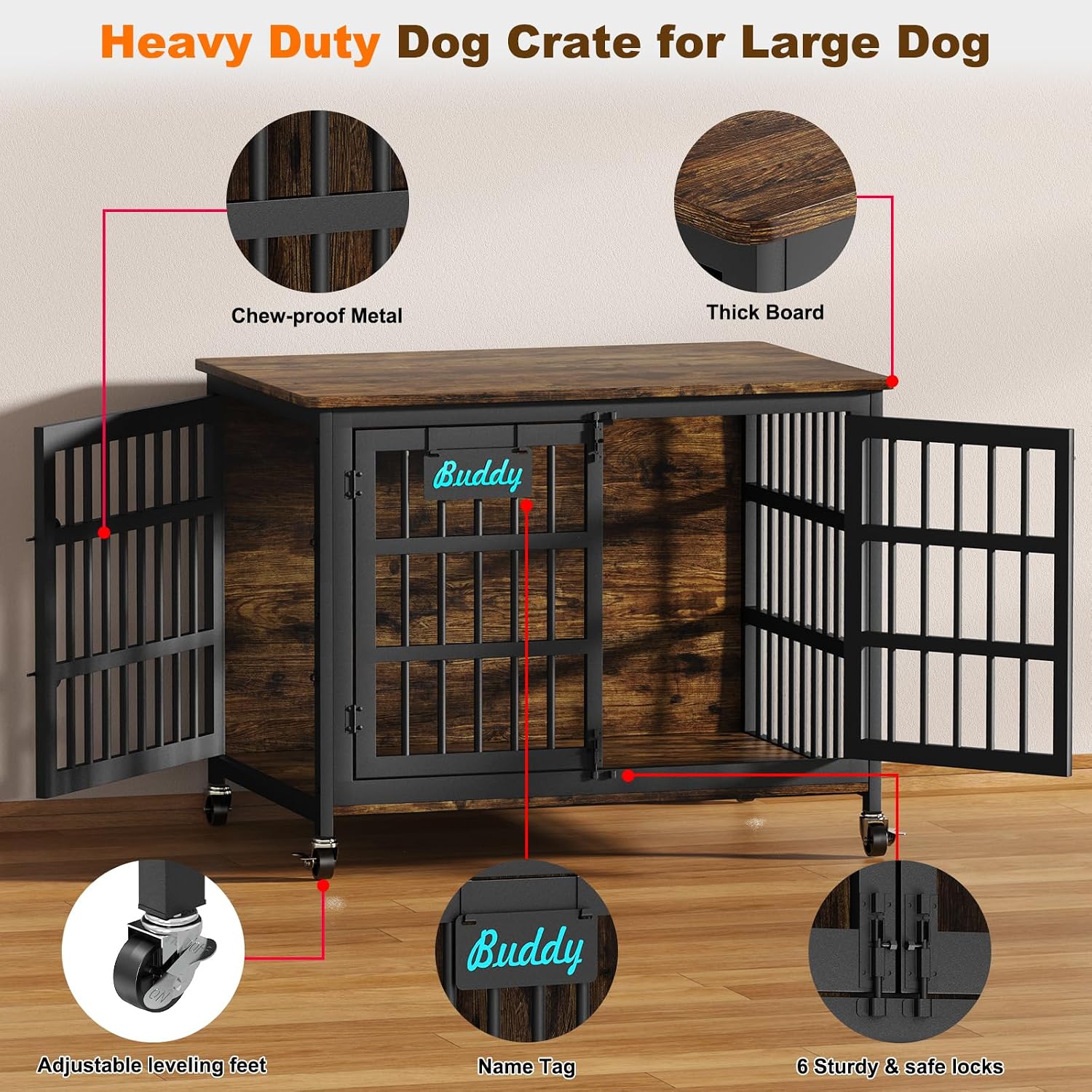 EasyCom 41'/33'/27' Dog Crate Furniture with Name Tag, Heavy Duty Dog Kennel Indoor for Medium Dogs, Double-Doors Sturdy Metal Dog Cage for Anxiety Dog, Decorate House as TV Stand, End Table