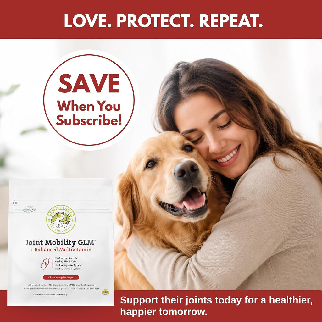 Wholistic Pet Organics - Hip and Joint Supplement for Dogs & Cats - Cat and Dog Joint Supplement - Green Lipped Mussels, Chondroitin, Glucosamine for Dogs & Cat Mobility Support - 4 Lb - 181 Scoops