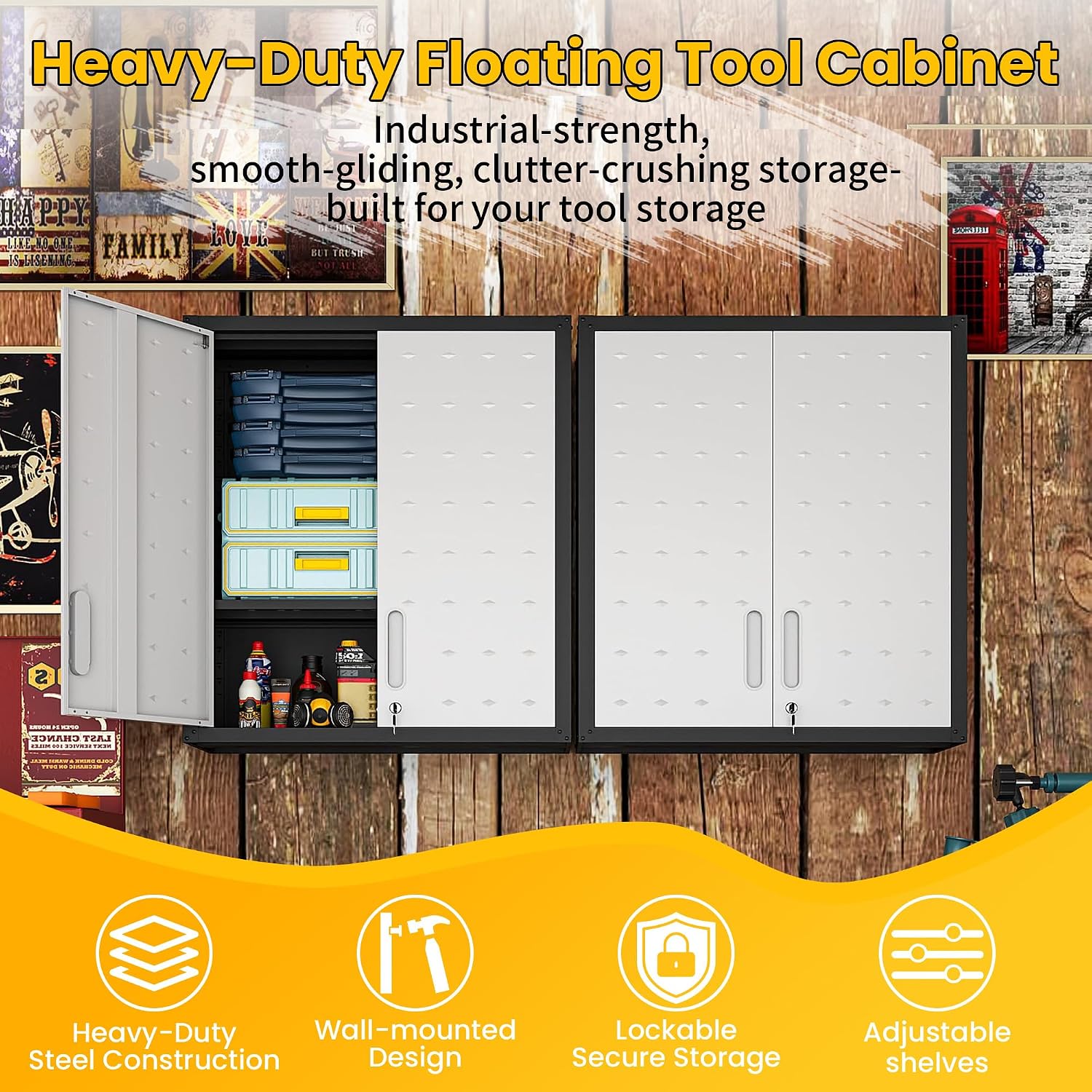 Garage Storage Cabinets Wall Mount, Locking Metal Wall Cabinets with Doors and Adjustable Shelves, Floating Hanging Storage Cabinet for Garage, Basement