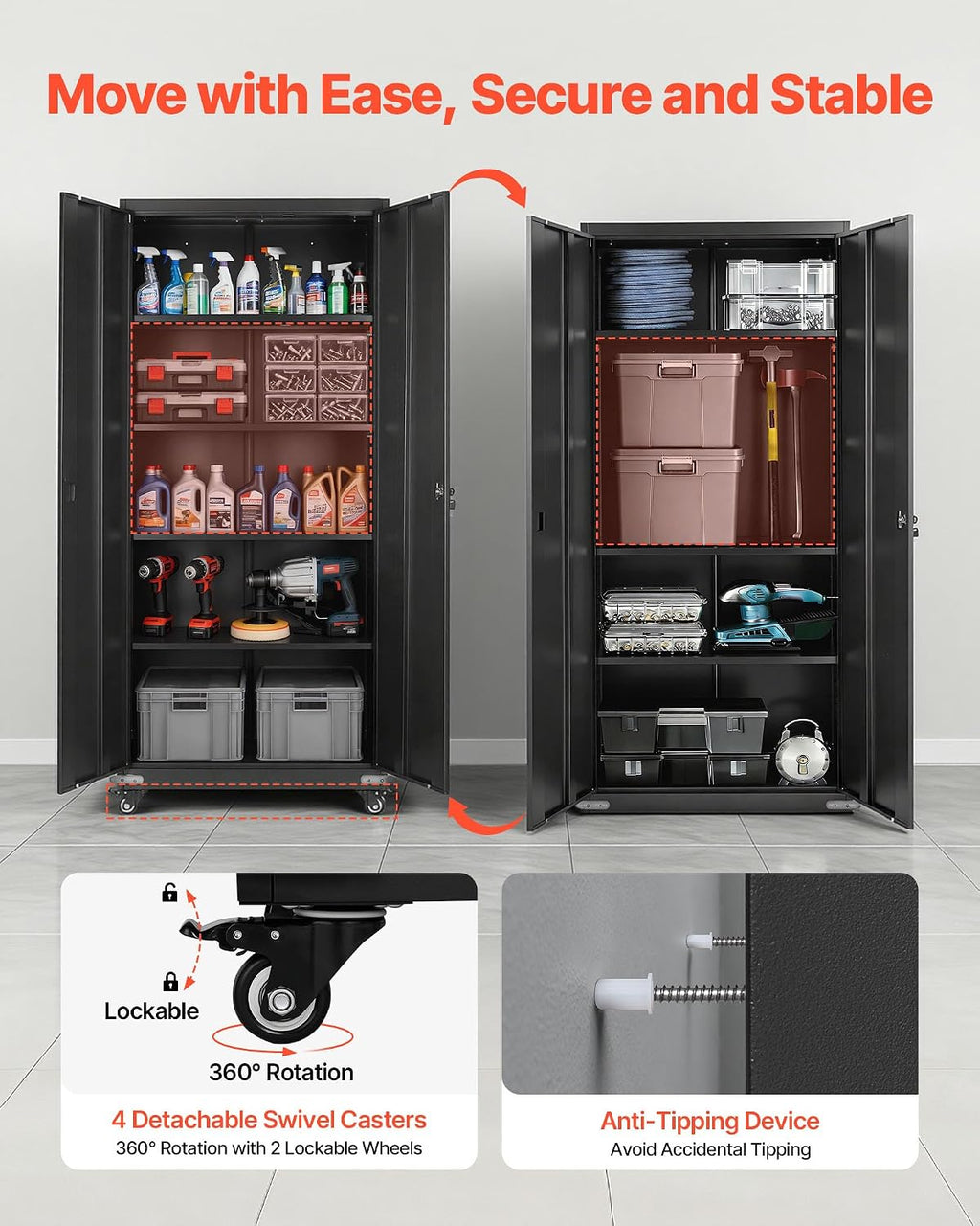 VEVOR Metal Storage Cabinet, 72.6 in Rolling Steel Garage Cabinet with 4 Adjustable Shelves, 2 Magnetic Doors & 2 Keys, 5 Tiers Lockable Tool Storage for Pantry, Warehouse, Basement, Office, Black