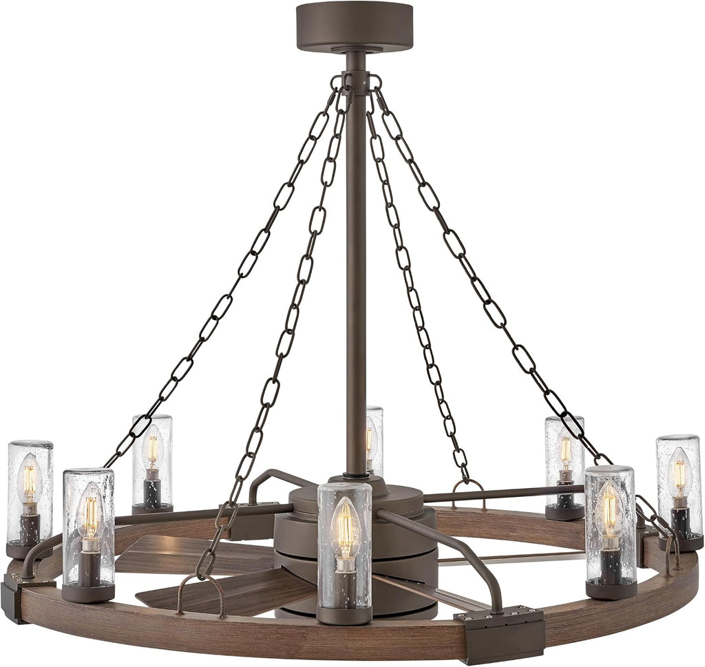 Hinkley Sawyer 36 Inch Extra Large Fandelier Wagon Wheel Chandelier with Fan Outdoor Smart Wagon Wheel Ceiling Fan LED Remote App Control Rustic Patio
