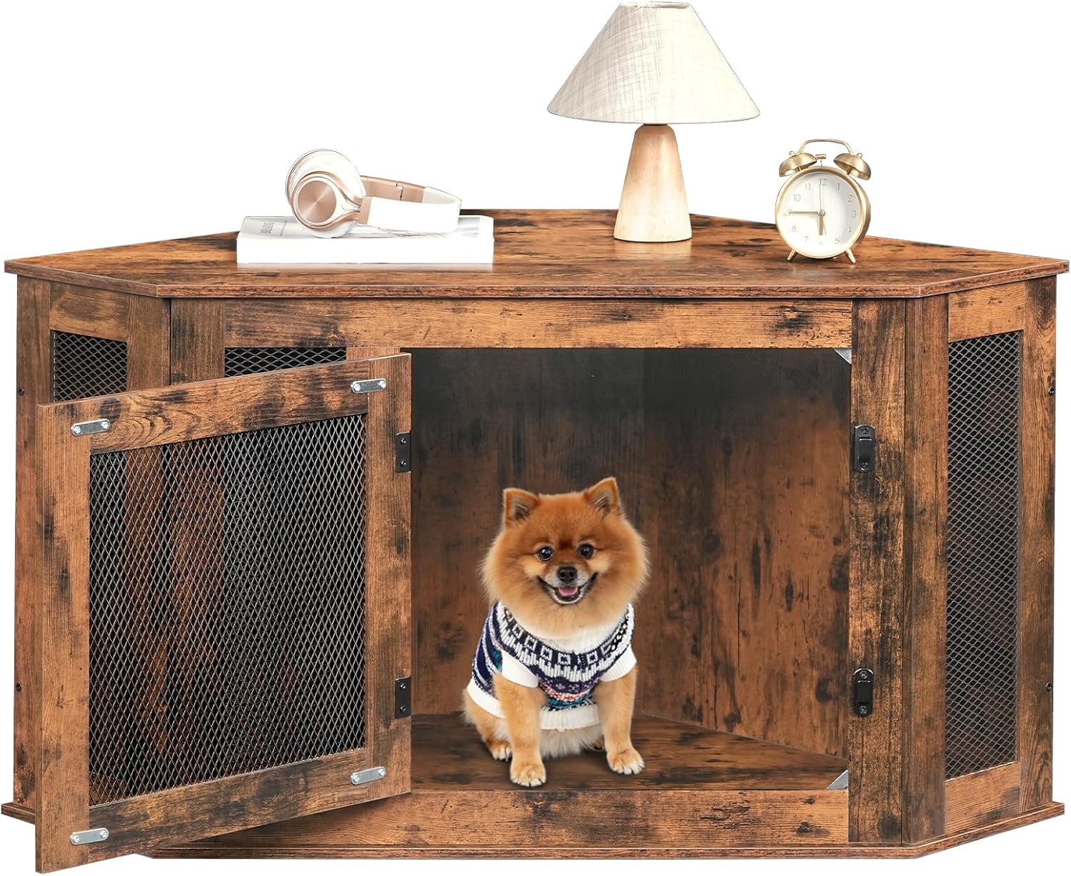 MAHANCRIS Corner Dog Crate Furniture, Wooden Dog Kennel End Table, Decorative Pet Crate Indoor Use, Furniture Style Dog House for Small Medium Dog, Dog Cage TV Stand, Rustic Brown DCRB0801