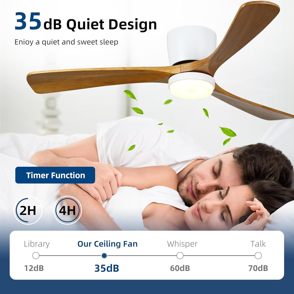 Ceiling Fans with Lights and Remote Control, 52 Inch Solid Wood Blade, Low Profile Flush Mount, LED Dimmable DC Reversible Modern Ceiling Fans with APP Control for Bedrooms, Living Rooms, Patio, White