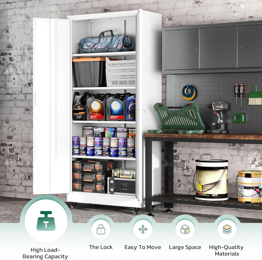 Greenvelly 73' Storage Cabinet with Wheels,Metal Rolling Garage Cabinet with Locking Doors and 4 Adjustable Shelves for Home,Kitchen,Office,Warehouse(32' W x 16' D, White)