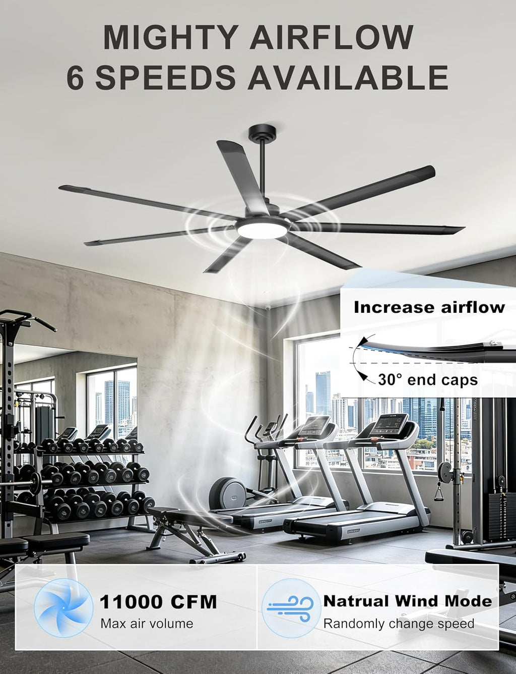 Ohniyou 84'' Large Ceiling Fan with Lights, High CFM Industrial Ceiling Fan Remote/APP Control, 7 Aluminum Blades, 3CCT, for Warehouse, Shop, Gym, Black