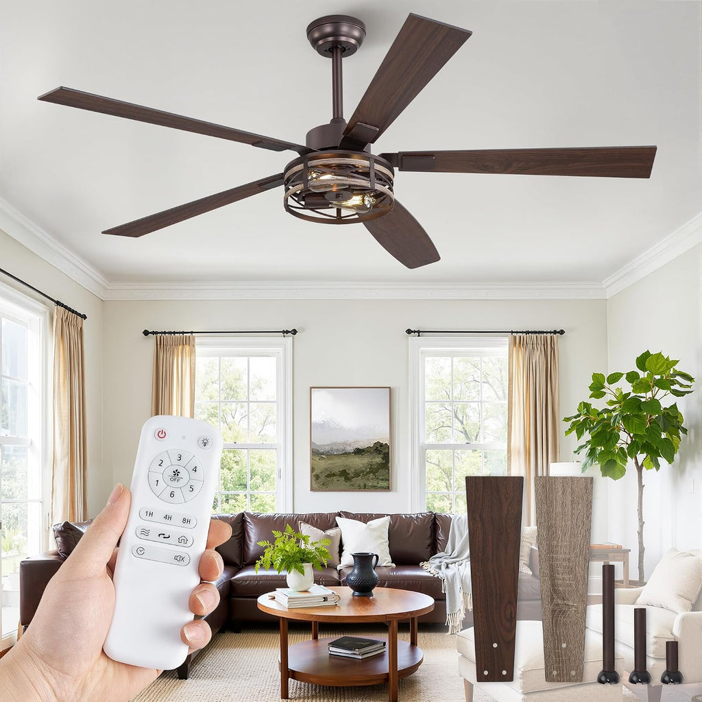 Fanbulous Farmhouse Ceiling Fans with Light, 60 Inch Bedroom Ceiling Fan with Lights, 6-Speed Adjustable, Quiet and Reversible DC Motor, 5 Dual Finish Blades, Rustic Caged Ceiling Fan，Oil Bronze