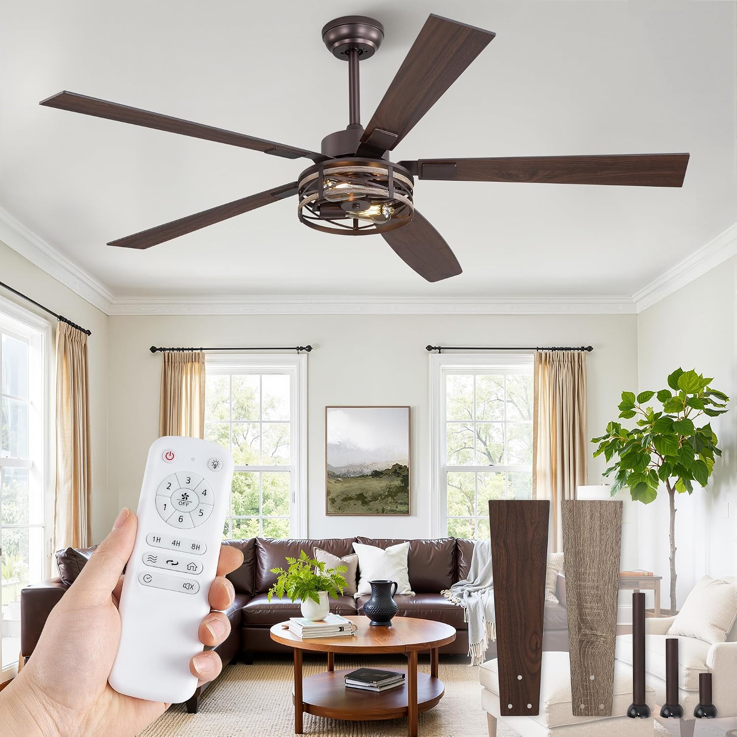Fanbulous Farmhouse Ceiling Fans with Light, 60 Inch Bedroom Ceiling Fan with Lights, 6-Speed Adjustable, Quiet and Reversible DC Motor, 5 Dual Finish Blades, Rustic Caged Ceiling Fan，Oil Bronze