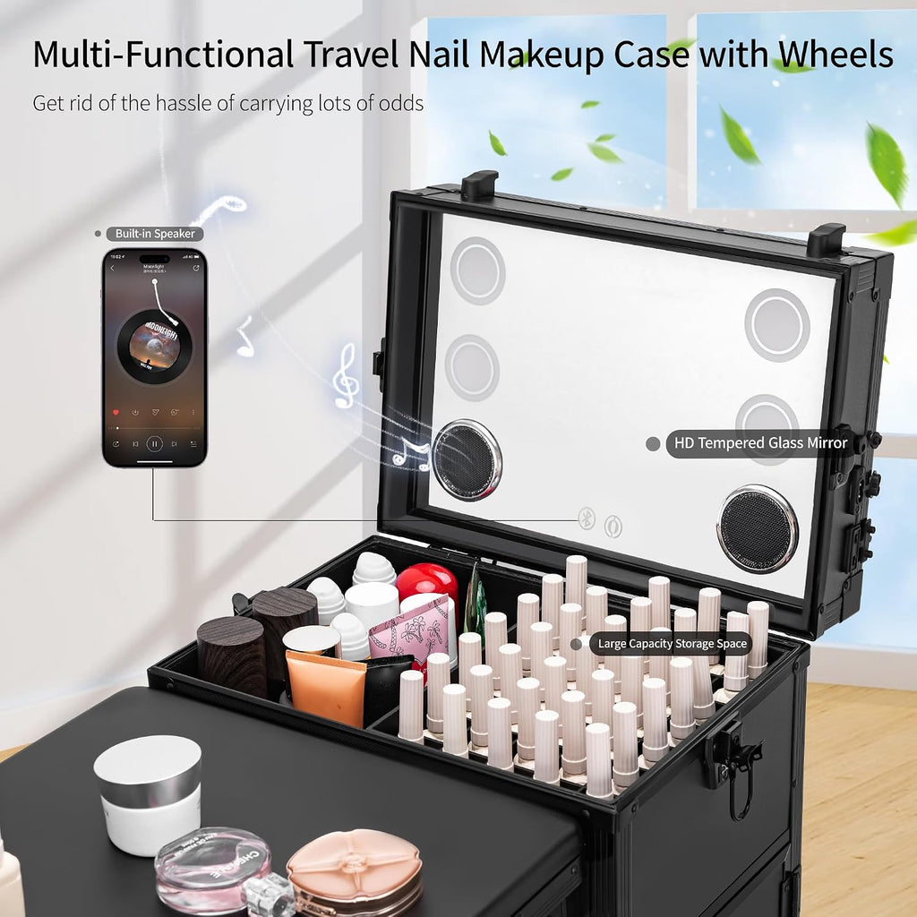 Portable Manicure Table 3 Drawers, Rolling Lockable Makeup Train Case with Blueteeth Speaker and Nail Polish Organizer, Foldable Nail Desk with Mirror & TSA Lock for Nail Tech and Salon Use