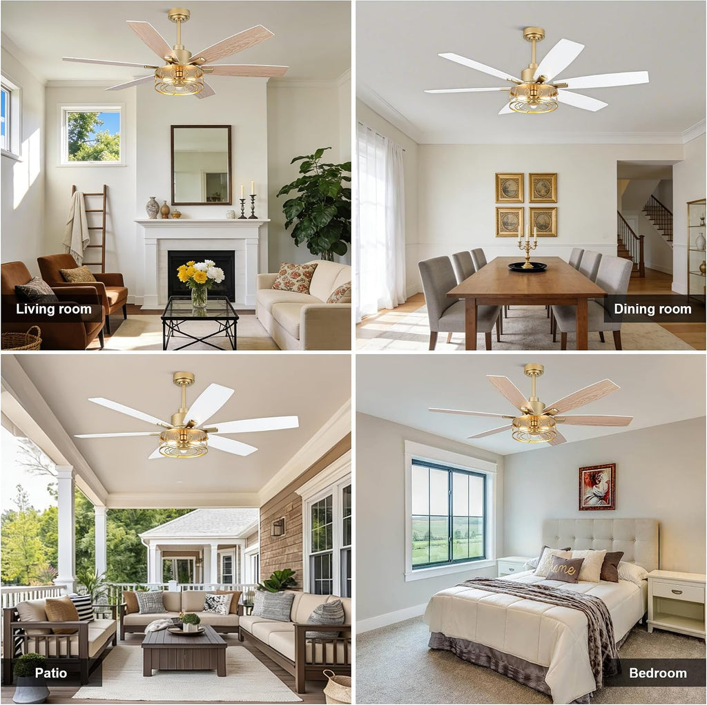 White and Gold Ceiling Fan with Lights 60 Inch Fandelier Ceiling Fan Gold Caged Chandelier Modern Fandeliers with Lights and Remote for Living Room Indoor Outdoor, Reversible 6 Speeds