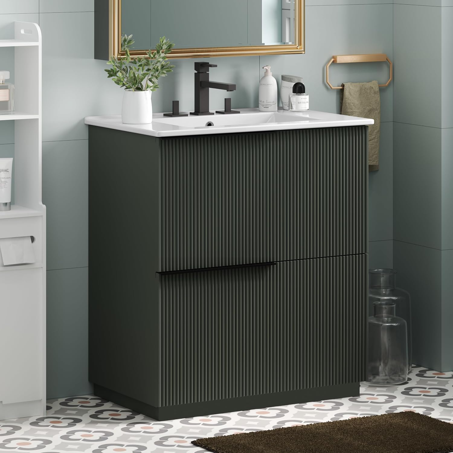 30' Bathroom Vanity Cabinet, Ceramic Sink Top, Fluted Front, 2 Full-Extension Drawers, Perfect for Master Suite, Cozy Guest Bath, or Compact Powder Room
