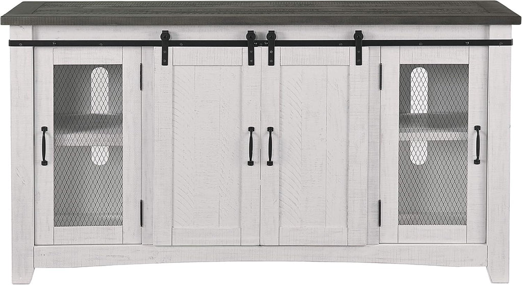 Martin Svensson Home 65' Solid Pine Wood Entertainment Center with Storage. Rustic TV Stand for TVs up to 70.' Sliding Doors, Adjustable Shelves & Cable Management – White and Grey Finish