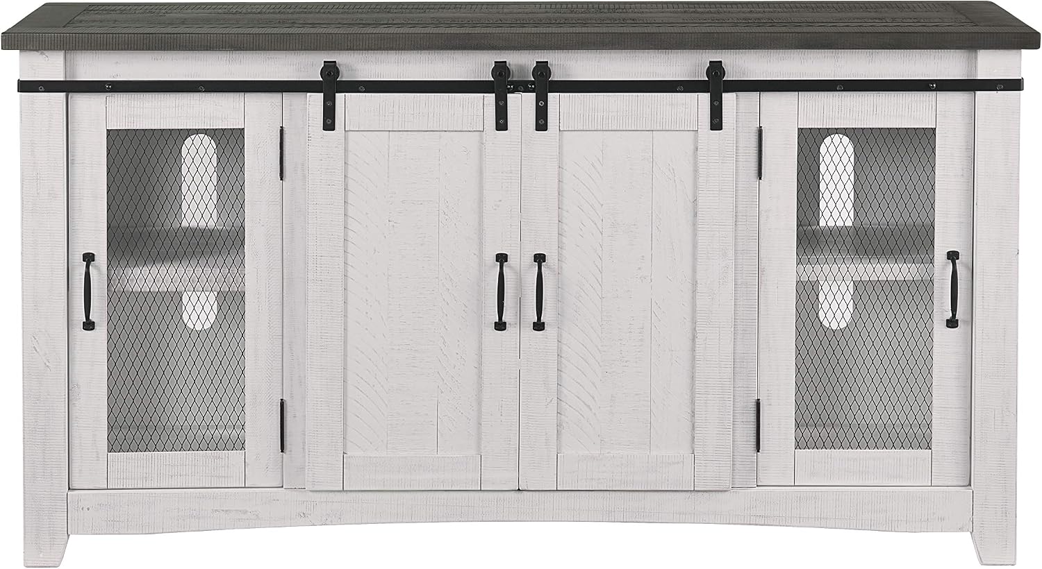 Martin Svensson Home 65' Solid Pine Wood Entertainment Center with Storage. Rustic TV Stand for TVs up to 70.' Sliding Doors, Adjustable Shelves & Cable Management – White and Grey Finish