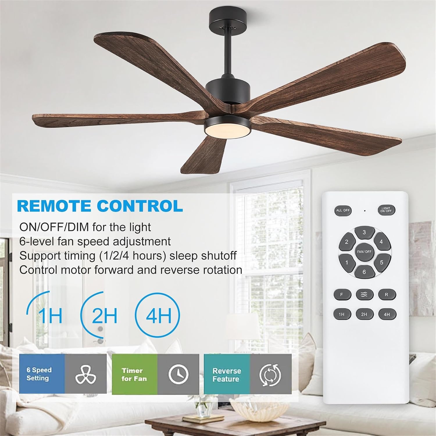 52 Inch Ceiling Fan with Lights, 5 Blade Ceiling Fan with Remote Control, 5 Reversible Solid Wood Blades, 6-Speed Outdoor Fan for Patios Porch Living Room,Dark Brown