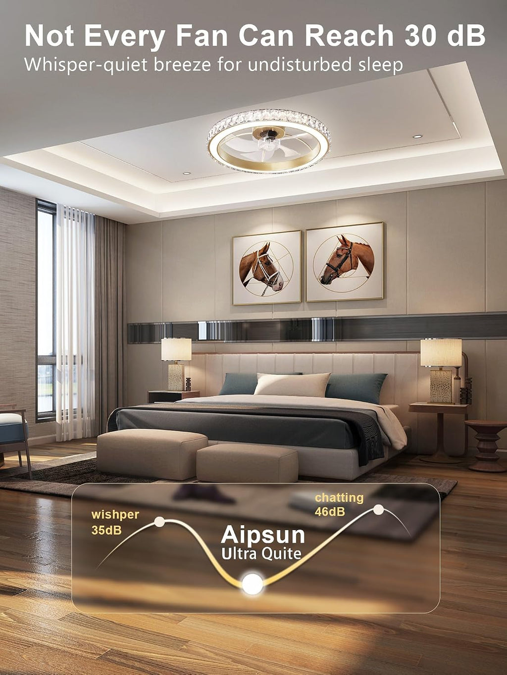 Aipsun Low Profile Modern Crystal Chandelier Ceiling Fans with Lights and Remote, 3000K-6500K Smart Bladeless LED Fan Light, 22' Gold Modern Ceiling Fans with Lights for Bedroom