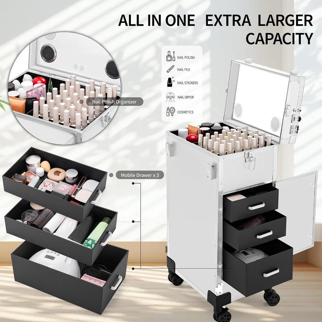 Portable Manicure Table 3 Drawers, Rolling Lockable Makeup Train Case with Blueteeth Speaker and Nail Polish Organizer, Foldable Nail Desk with Mirror & TSA Lock for Nail Tech and Salon Use
