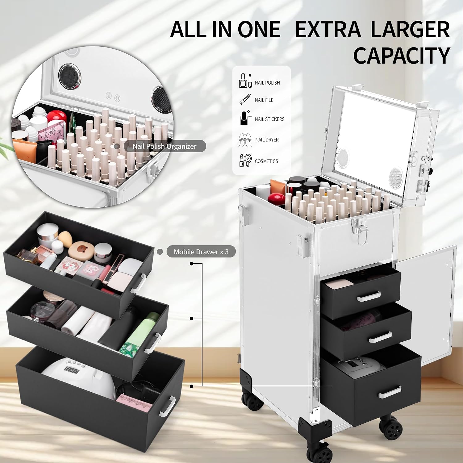 Portable Manicure Table 3 Drawers, Rolling Lockable Makeup Train Case with Blueteeth Speaker and Nail Polish Organizer, Foldable Nail Desk with Mirror & TSA Lock for Nail Tech and Salon Use