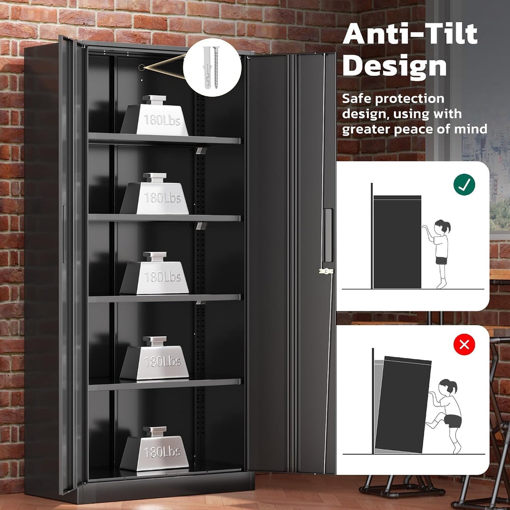 Greenvelly 72' H Metal Storage Cabinet, 36' W x 18' D Black Metal Cabinet with 2 Doors and 4 Adjustable Shelves,Locking Cabinets for Office, Home, Garage, School
