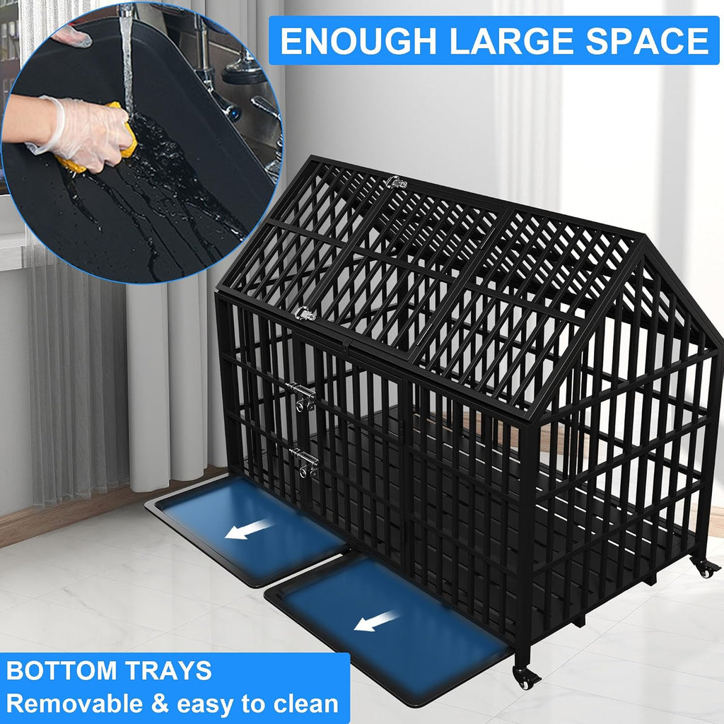 58 inch Heavy Duty Dog Crate Cage Kennel Escape-Proof for Large Dogs, High Anxiety Dog Crate with Removable Trays and Wheels, Extra Large XL XXL