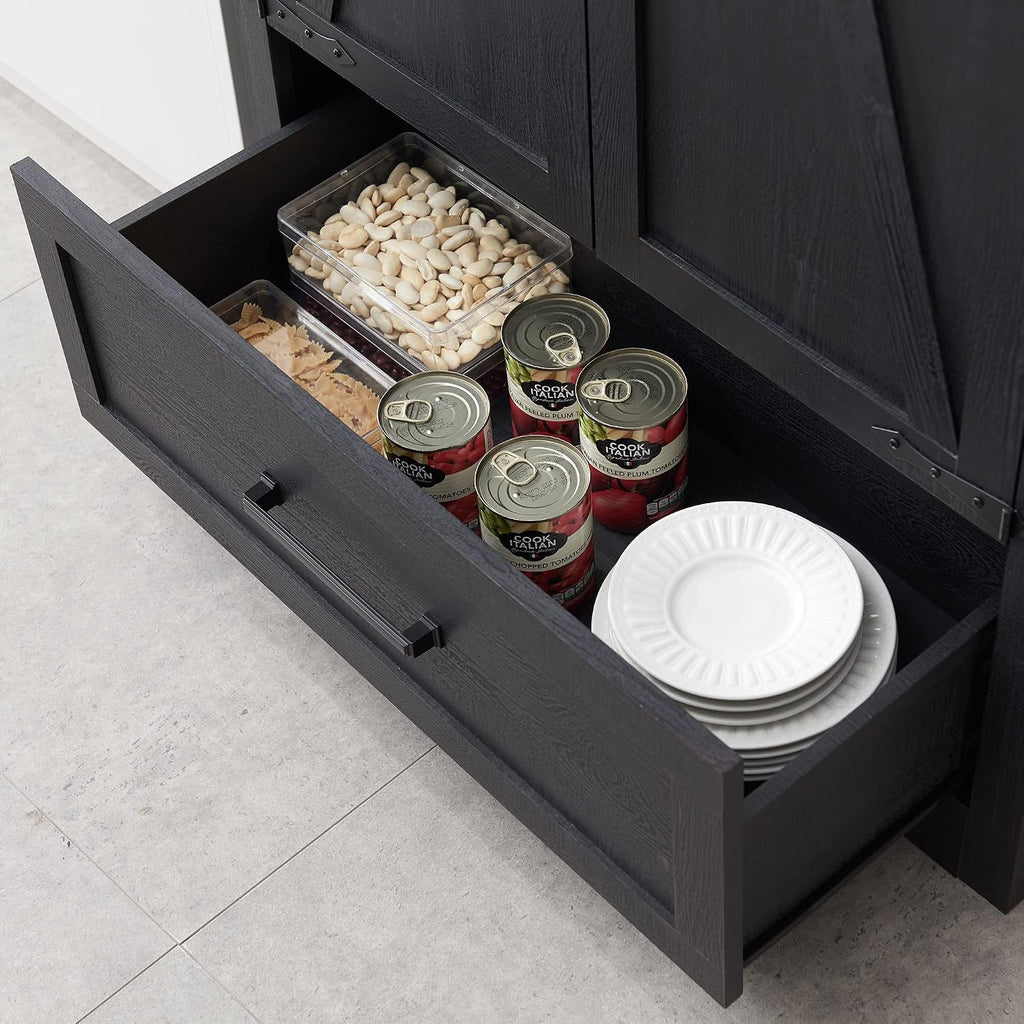 Farmhouse Kitchen Pantry Cabinet - 72' Tall Wood Kitchen Storage Cabinets with Adjustable Shelves & 2 Barn Doors & Drawer, Versatile Storage for Dining Room, Bathroom, Utility Room, Antique Black | Large