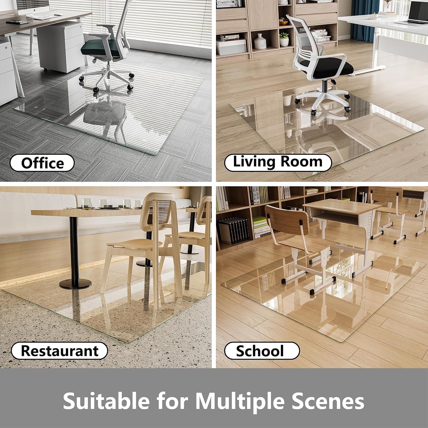 Koonmi Glass Chair Mat for Carpet, 36'x48' Tempered Glass Office Chair Mat, Glass Floor Mats with Rounded and Polished Edges, Desk Chair Mats with 4 Anti-Slip Pads for Hardwood Floor, Carpet