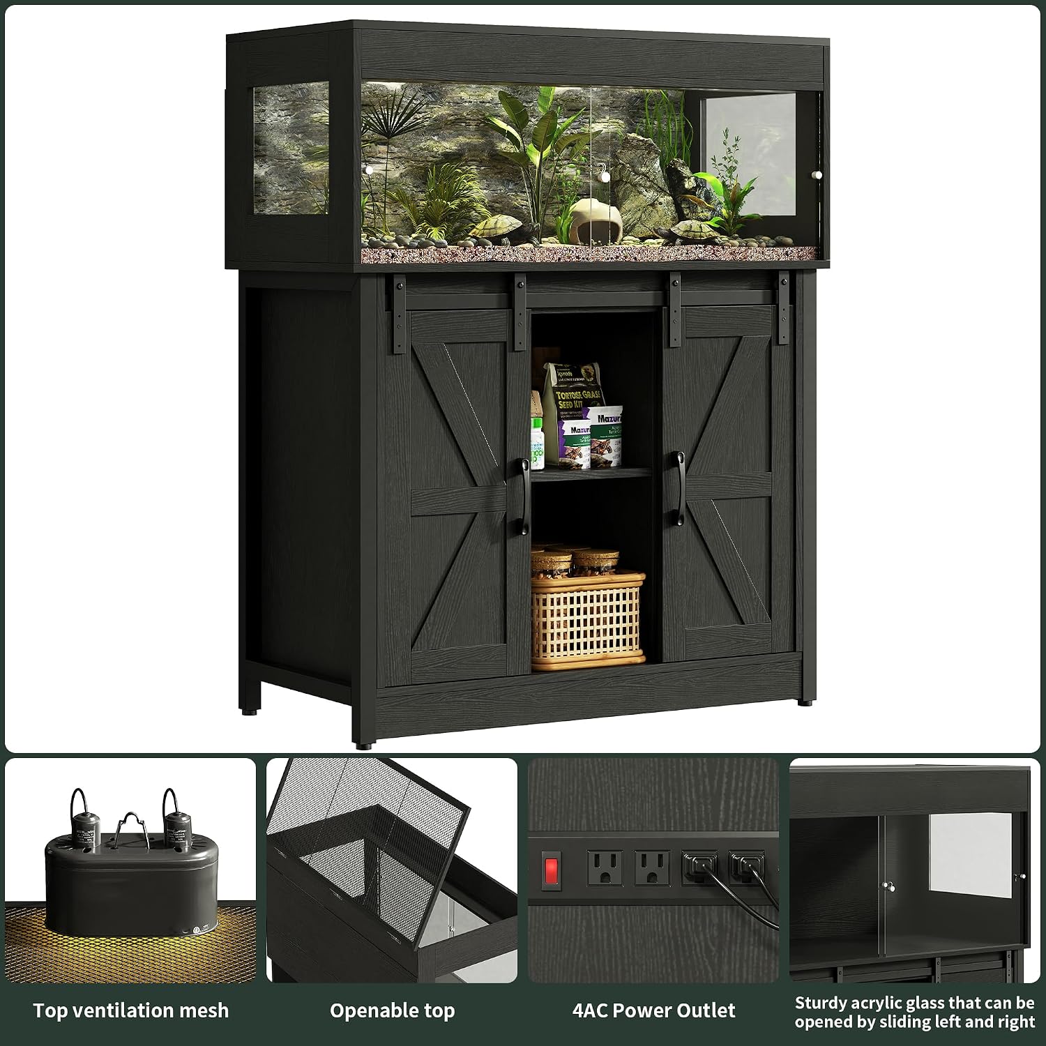 Herture 40 Gallon Reptile Terrarium with Stand, Reptile Tank with Barn Door and Storage, Vivarium with Acrylic Doors, Ventilated Mesh Top & Power Outlet, for Geckos, Lizards, Snakes Black PX06RTB