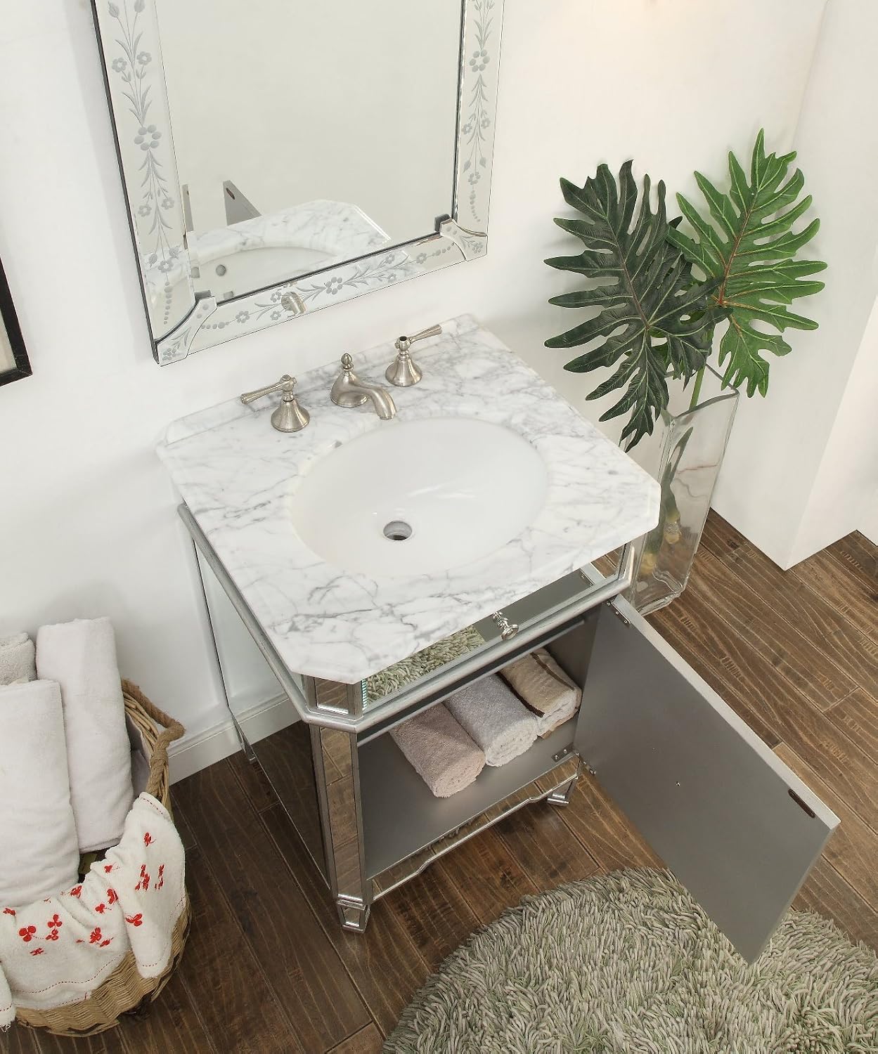 24' Mirrored Reflection Antique Silver Asger Powder Room Bathroom Vanity - BC-5026SL