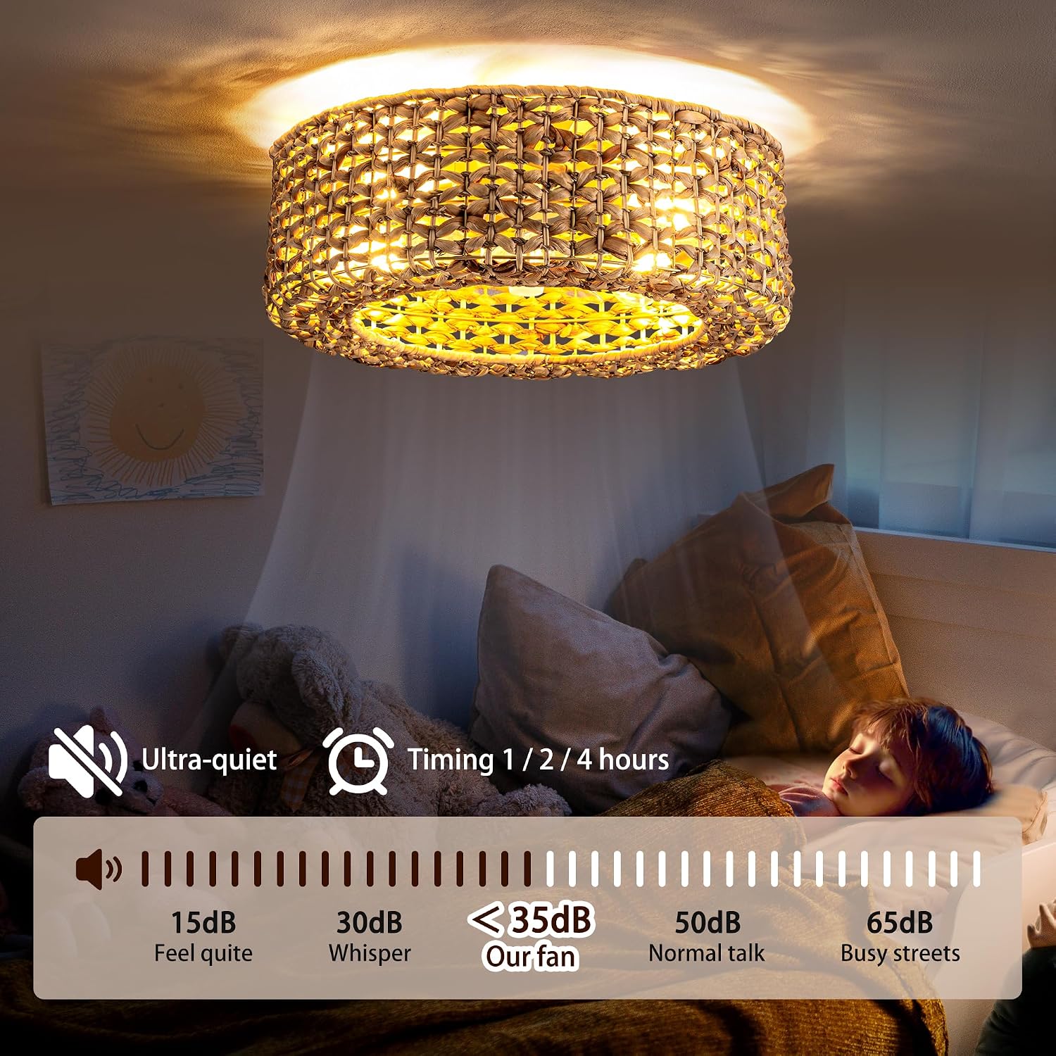 0139-4H Handwoven Rattan Boho Ceiling Fans with Lights Remote Control Flush Mount Fandelier Low Profile Caged for Bedroom,4-Light,20'
