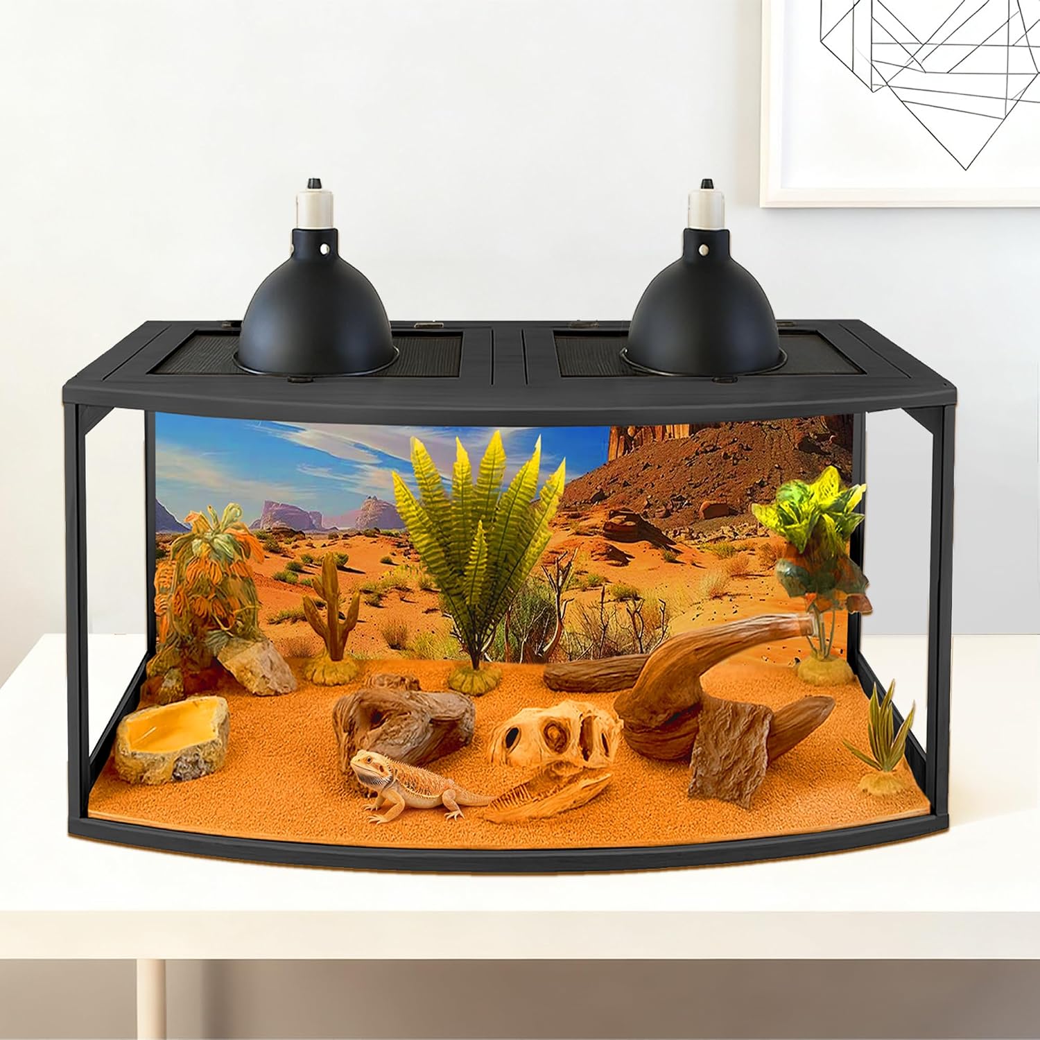 PROLEE Bearded Dragon Tank, Curved Reptile Enclosure with 3-Side Clear Acrylic Panels, Spacious Lizard Tank with Metal Mesh Top and Lockable Door for Reptile Habitat (Black, 24' Length,24 Gallons)