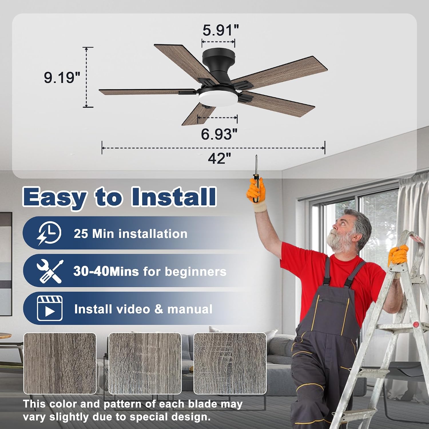 42' Smart Low Profile Ceiling Fan with Lights Remote,6 speed Quite DC Motor,WIFI Voice Control via Alexa App,Dimmable LED,Outdoor Indoor Flush Mount Fans for Small Bedroom Patio Porch,Black&Walnut