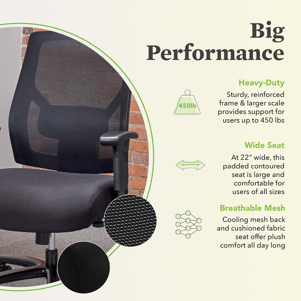 HON Crio Big and Tall Ergonomic Mesh Office Chair, Extra‑Wide High‑Back Desk Chair with Adjustable Arms, Lumbar Support, Heavy‑Duty Tilt Recline, Swivel Wheels, Black Frame, Black