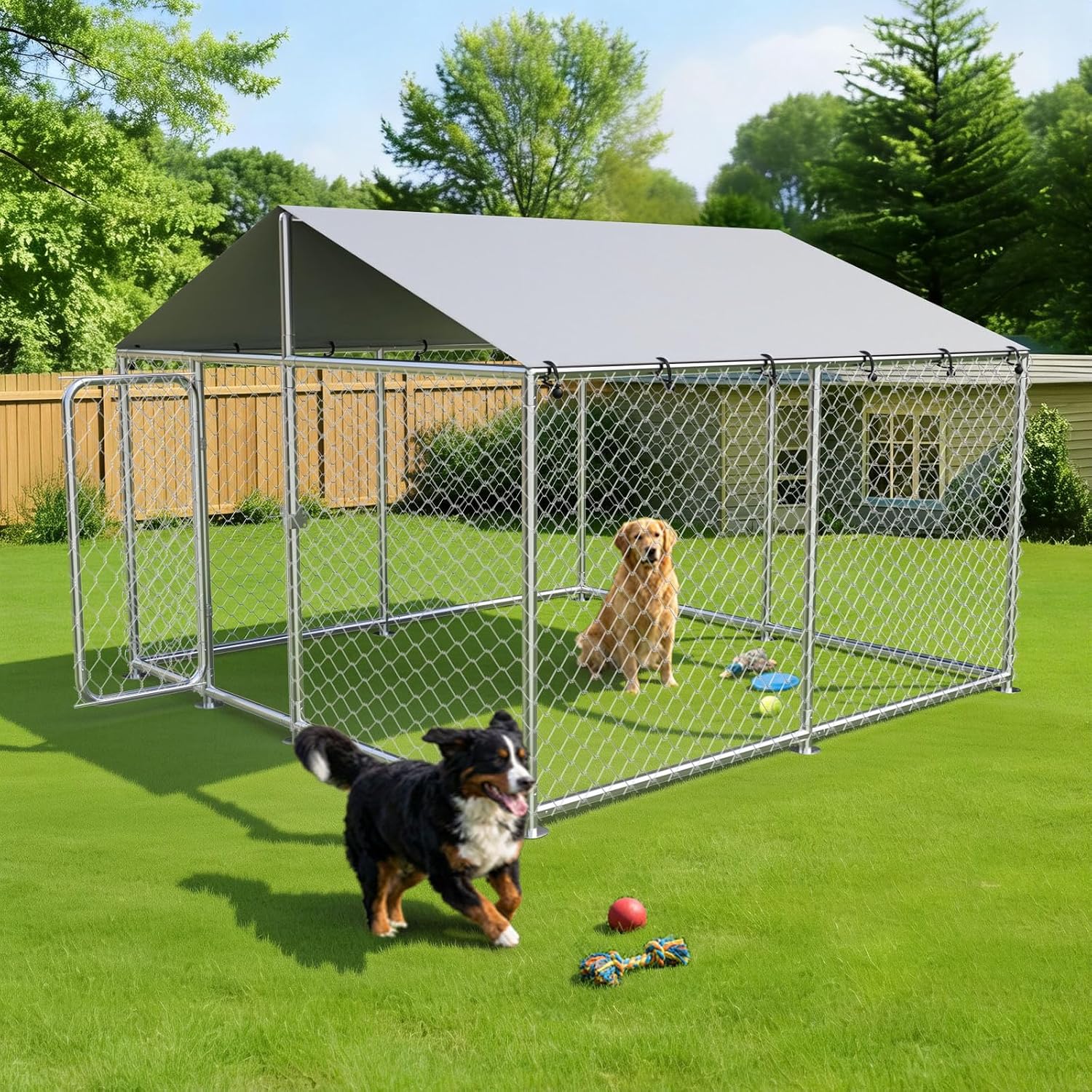 7.8x7.8FT Large Outdoor Dog Kennel Outside,Heavy Duty Dog Enclosure with Waterproof Cover Roof and Steel Fence Security Lock for Dogs(93x93x63in)