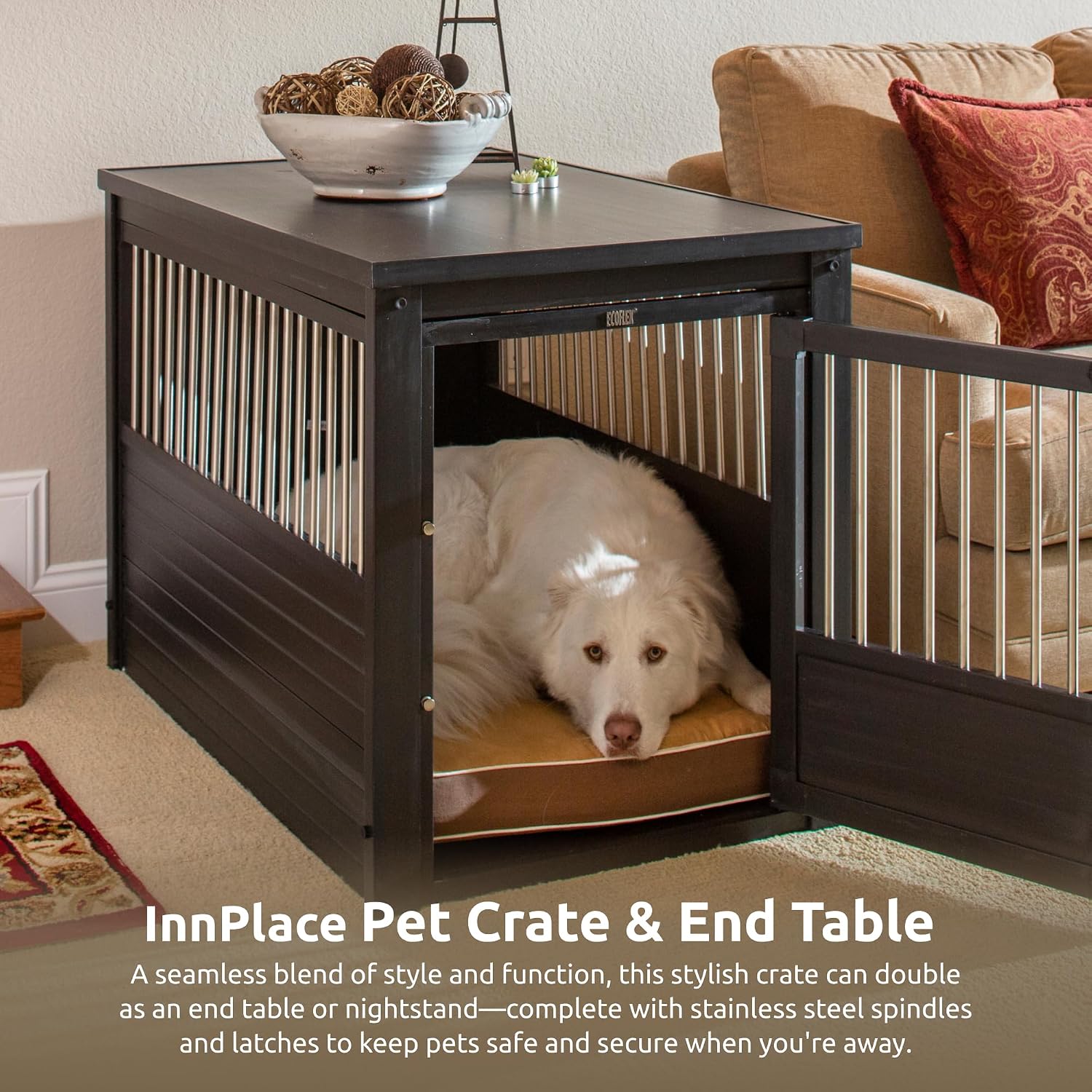 New Age Pet ECOFLEX InnPlace Dog Crate & End Table, Furniture-Style Indoor Kennel for Crate-Trained Dogs, Stainless Steel Spindles, 10-Year Warranty. 4 Colors, 4 Sizes