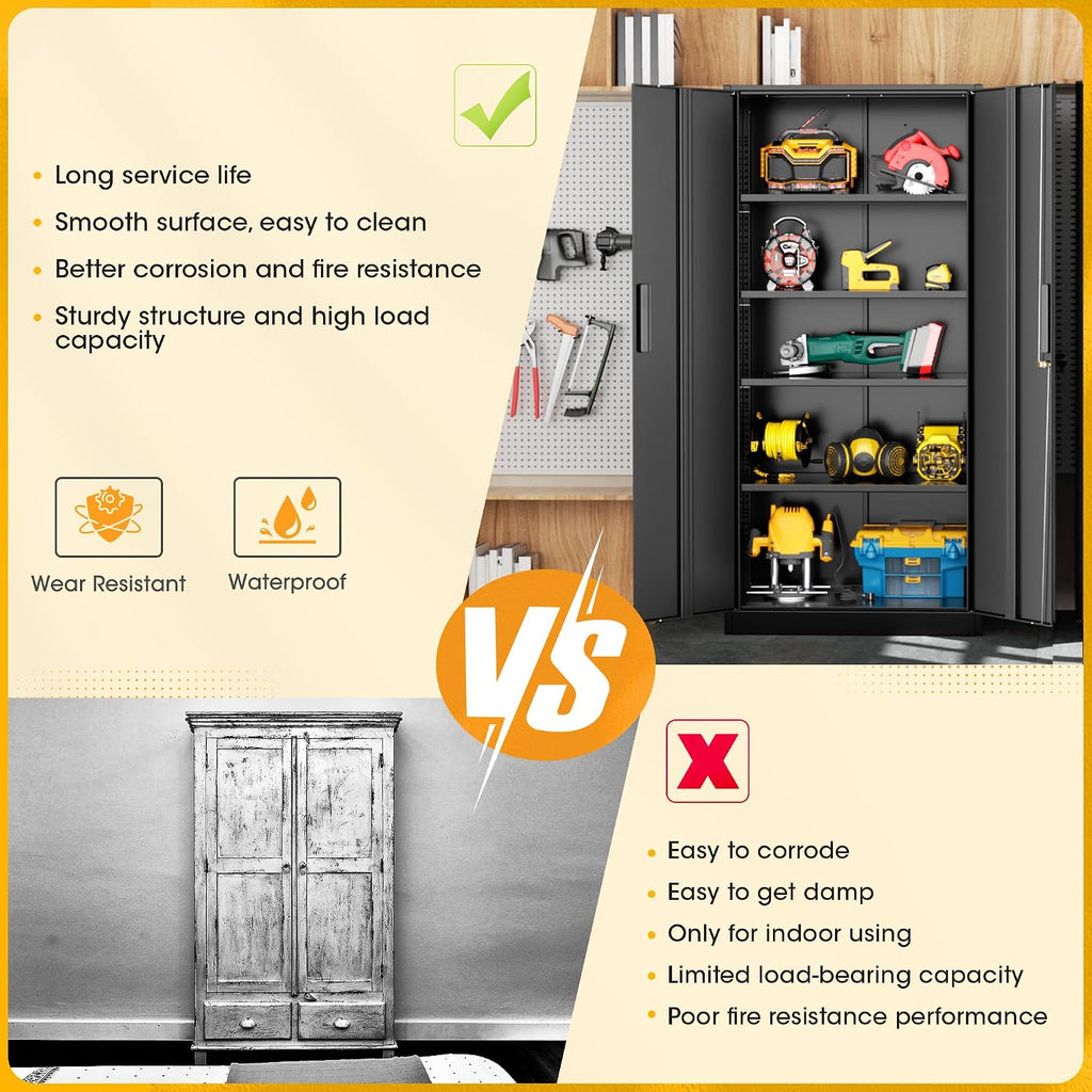 Greenvelly 72' H Metal Garage Storage Cabinet with 2 Doors and 4 Adjustable Shelves, Black Metal Cabinet with Lock, Steel Tool Cabinet for Office, Home, Garage, Gym, School（New Recessed Handle）