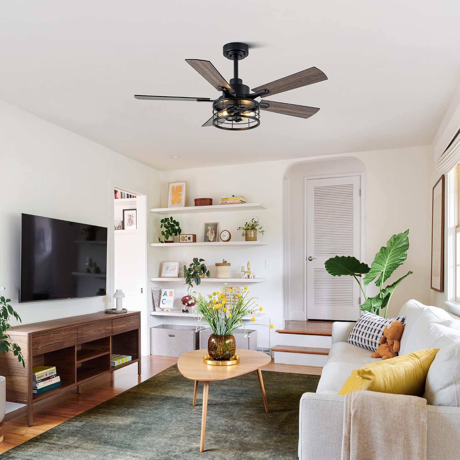 46' Farmhouse Caged Ceiling Fan with Light and Remote, Reversible DC Motor, 5 Double Finish Wood Blades, Rustic Retro Chandelier Ceilng Fan with Light for Living Room Dining Room Bedroom