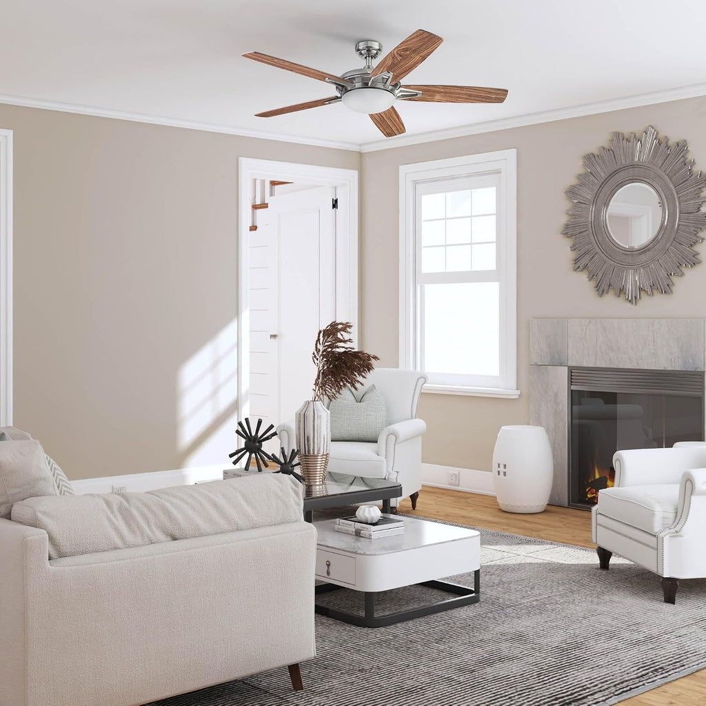 Prominence Home Clancy, 52 Inch Contemporary LED Ceiling Fan with Integrated Dome Light, Remote Control, Dual Mount, 5 Reversible Dual-Finish Blades - 51482-01 (Brushed Nickel)