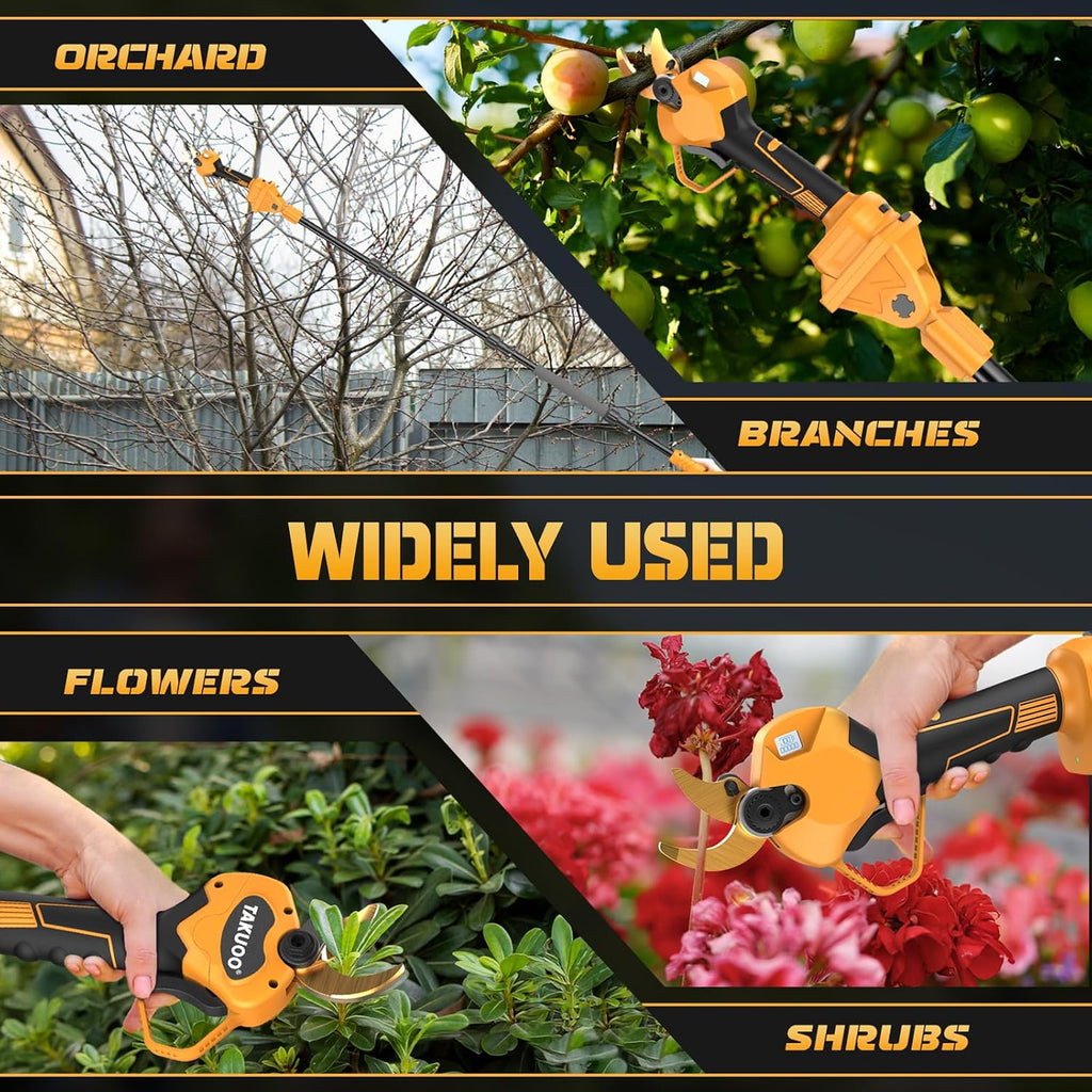 Takuoo 2-in-1 Pole Pruning Shears Cordless, 1.6' Cutting Diameter Electric Pruning Shears with Extension Pole, 21V 2×4.0Ah Battery Powered Pruner, 13.7FT Reach Power Pole Pruner for Tree Trimming
