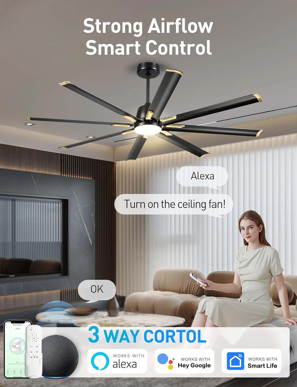Minislak 72 Inch Ceiling Fan with Light,Industrial Ceiling Fan with 8 Aluminium Blades,Black Gold Smart Fan Compatible with Alexa,Garage Outdoor Indoor Fan for Patio and Living Room