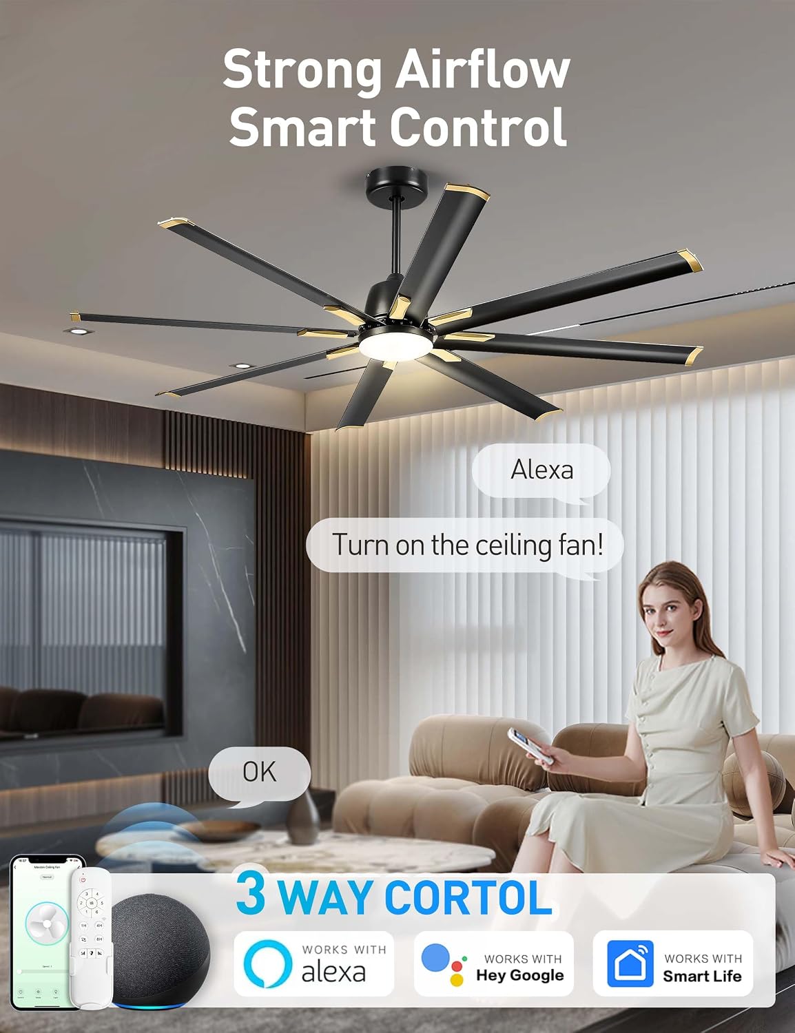 Minislak 72 Inch Ceiling Fan with Light,Industrial Ceiling Fan with 8 Aluminium Blades,Black Gold Smart Fan Compatible with Alexa,Garage Outdoor Indoor Fan for Patio and Living Room
